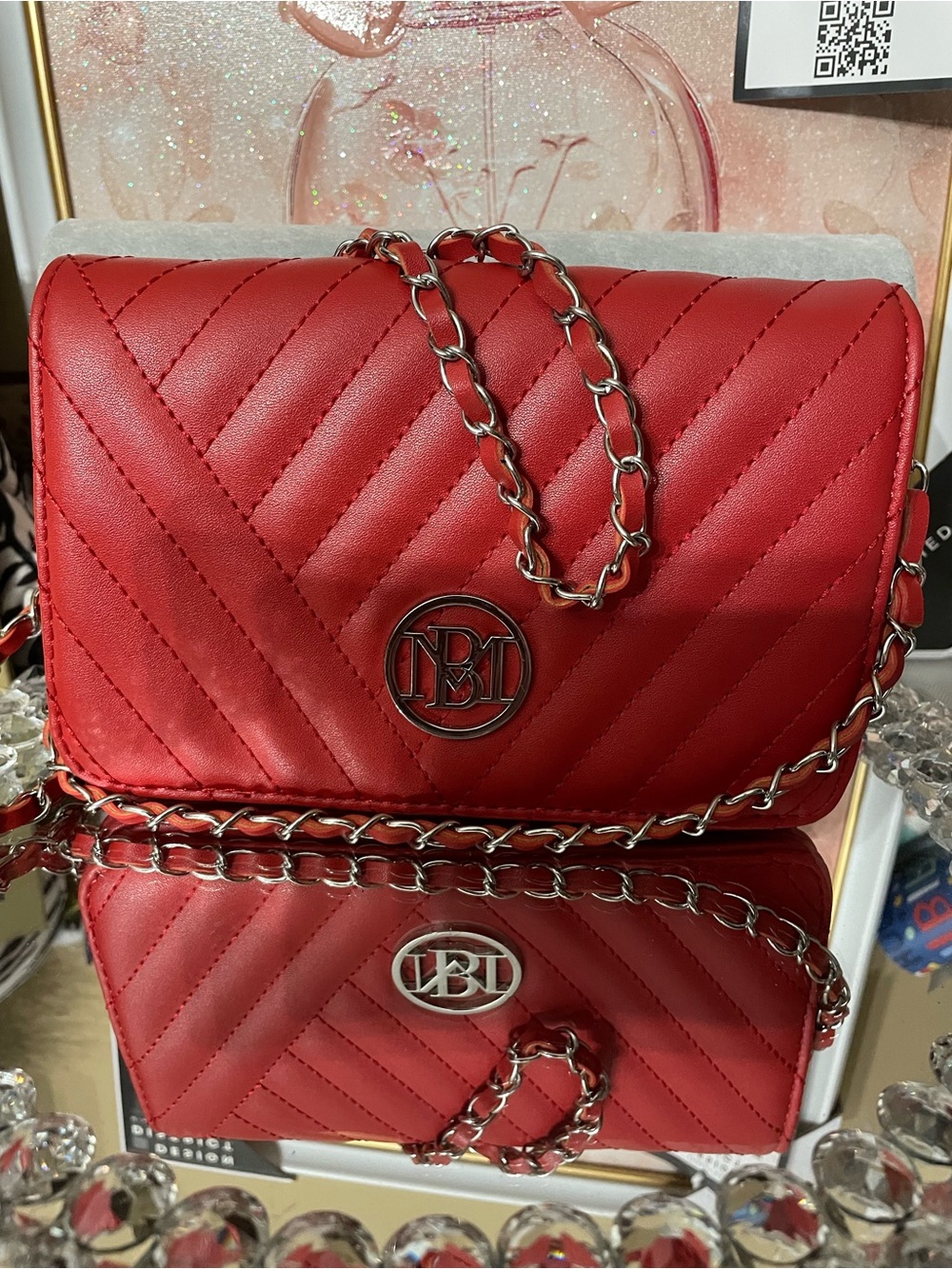 Badgley Mischka Quilted Red Chain Shoulder Bag nwot